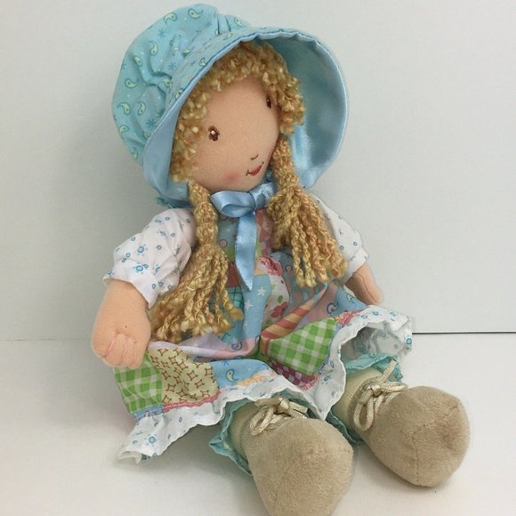 Learning Curve Plush Holly Hobbie Doll Rattle 12" Blue Patchwork Dress Blonde - Picture 11 of 12
